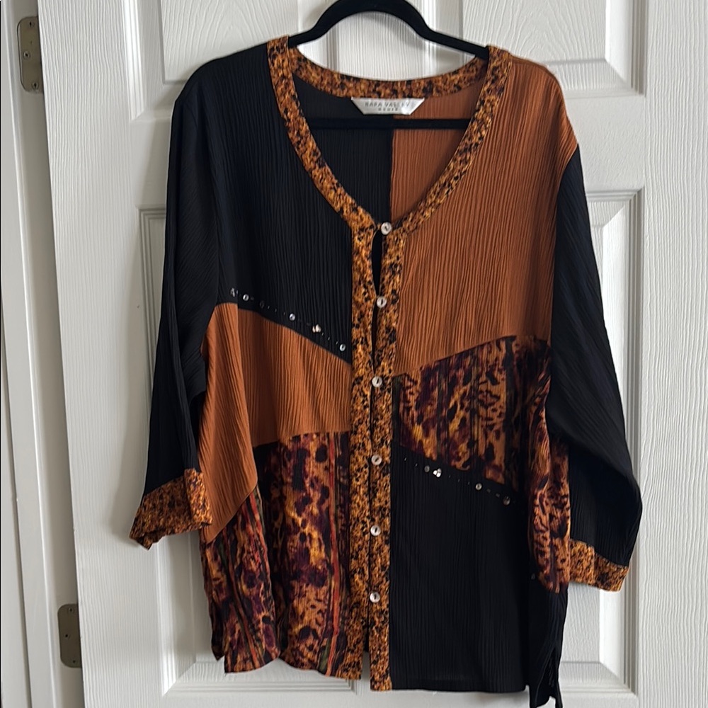 Black and Brown Boxy Embellished Blouse with 3/4 Sleeves